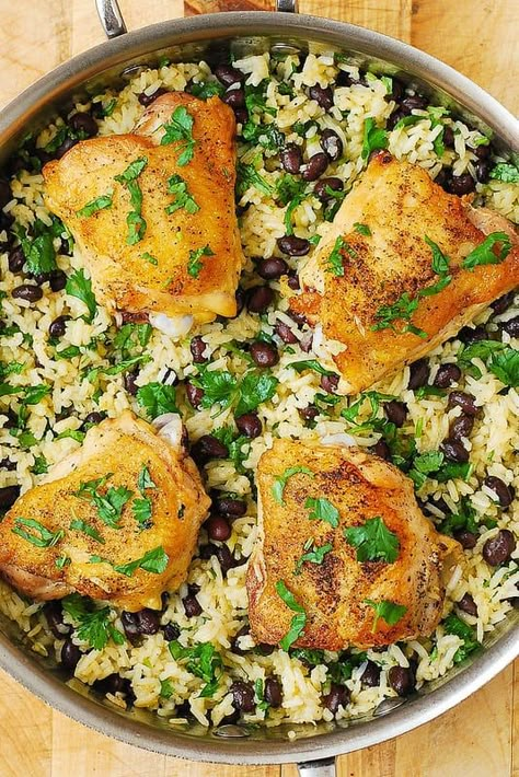 One-Pan Chicken Thighs with Cilantro-Lime Black Bean Rice - Julia's Album Black Bean Rice, Healthy Chicken Thigh Recipes, Bean Rice, Tabbouleh Salad, Chicken Thigh Recipes Oven, One Pan Chicken, Steak Frites, Chicken Thigh Recipes Crockpot, Cilantro Lime Chicken