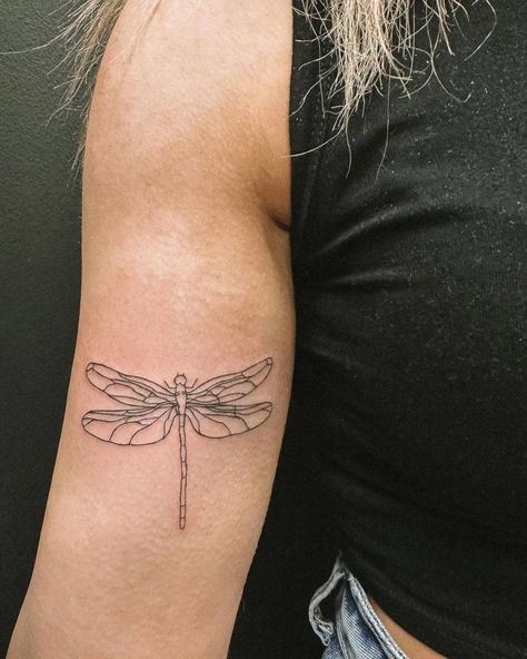 Fine line style dragonfly tattoo located on the inner Line Tattoo Dragonfly, Tattoo Dragonfly, Between Breast Tattoo, Inner Arm Tattoo, Fine Line Tattoo, Dragonfly Tattoo, Line Tattoo, Homecoming Nails, Fine Line