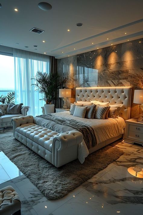 ## 2024 Elegant Master Bedrooms with Custom Seats: Combining Comfort and Luxury Master bedrooms are not just for sleeping—they are sanctuaries of comfort Bedroom Master Luxury, Royal Bedroom Design, Women Bedroom, Royal Bedroom, Bedroom With Sitting Area, Sitting Areas, Luxe Bedroom, Big Bedrooms, Luxury Bedroom Master