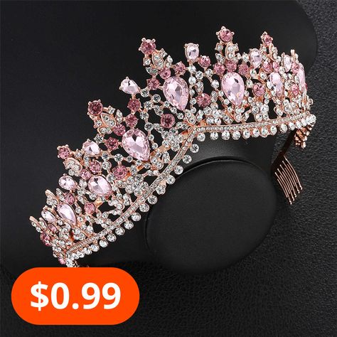 Baroque Bridal Crown Headdress Rhinestone Princess Formal Dress Accessories Quinceanera Tiaras Rose Gold, Rose Gold Quinceanera Tiara, Crown With Pink Jewels, Quince Rose Gold Crown, Pink Wedding Crown, Pink Quinceanera Tiaras, Pink Xv Crown, Pink Crowns For Quinceanera, Pink Quince Crown Big