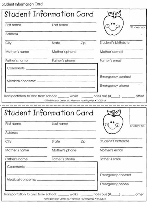 Student Information Card | Student Information, Teaching in Student Information Card Template Student Info Sheet, Contact Card Template, Student Information Form, Student Information Sheet, Student Info, Parent Contact, Contact Card, Card Templates Printable, Student Information