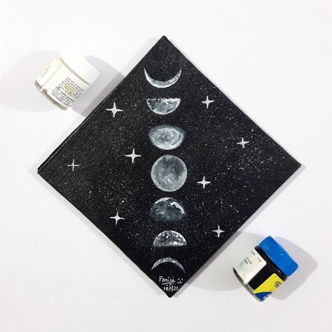 Moon Phases Acrylic Painting, Things To Paint On Canvas Aesthetic Dark, Witchy Painting Ideas Easy, Witchy Canvas Painting, Square Canvas Painting Ideas, Moon Phase Painting, Grunge Painting, Black Canvas Paintings, Diy Crafts Love