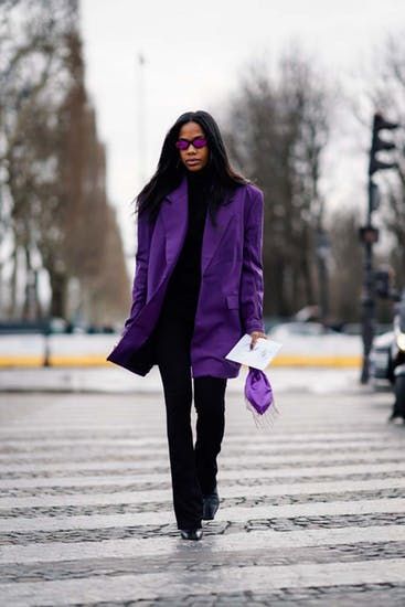 How to Wear a "Shaket" for Spring 2019 | Brit + Co Outfits With Purple Jacket, Purple Bag Outfit, Black And Purple Outfit, Purple Jacket Outfit, Peacoat Womens Outfit, New Girl Outfits, Shacket Outfit, 2019 Outfits, Saturday Outfit