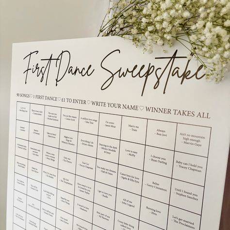 How to make your First Dance a little more fun…. Wedding First Dance Sweepstake - 🤍 90 songs 🤍 1 First Dance 🤍 £1 to enter 🤍 Guest write their name beside their chosen song 🤍 Winner takes all when first dance song is revealed! #weddingsweepstakes #firstdancesongs #firstdance #weddingreception #fyp First Dance Sweepstake, Dance Wedding Songs, First Dance Wedding Songs, 90 Songs, First Dance Wedding, Wedding First Dance, Dancing In The Dark, First Dance Songs, I Choose You