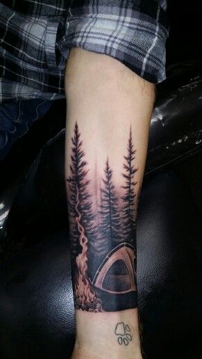 #brockstattooz The Great Outdoors..Camping and bon fires. And Pine trees. Makes me Wana go camping Tattoo Ideas Outdoors, Outdoor Themed Tattoos, Camping Half Sleeve Tattoo, Campfire Tattoo Design, Camp Fire Tattoo Ideas, Tattoo Camping Nature, Campfire Tattoo Sleeve, Camping Tattoos For Men, Bonfire Tattoo