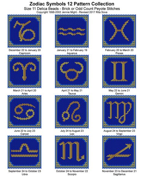 Zodiac Symbols 12 Pattern Collection | Bead-Patterns Miyuki Beads Pattern, Bead Loom Designs, Beadwork Designs, Brick Stitch Pattern, Loom Pattern, Beaded Cross Stitch, Pattern Collection, Beaded Earrings Patterns, Bead Stitching