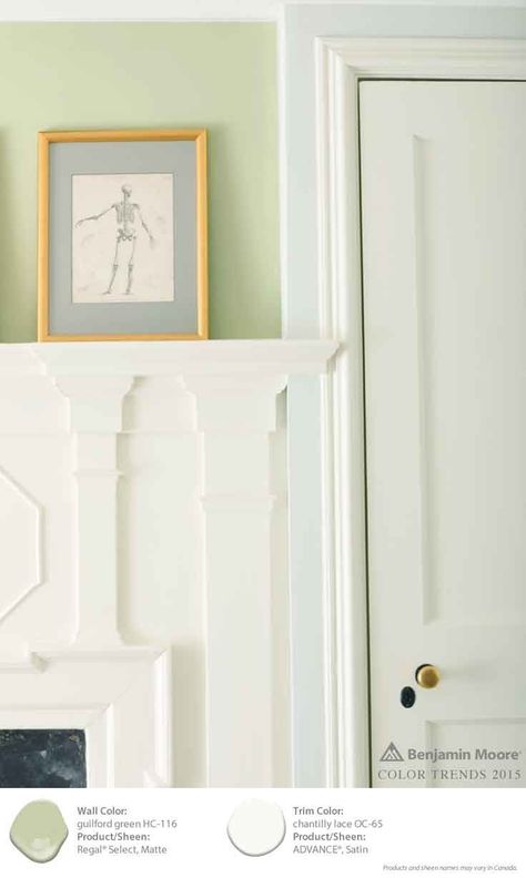 celery green wall paint, cream wood trim, pantone nile green, celedon green, celery green, light green interior Limesicle Benjamin Moore, Levingston Green Benjamin Moore, Guilford Green Benjamin Moore, Guilford Green, Benjamin Moore Yellow, Chantily Lace, Colour Trend, Bath Redo, Touch Of Gray