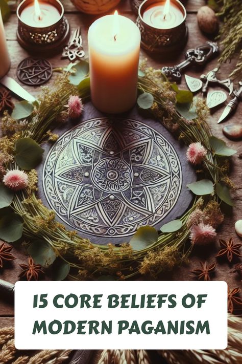 Candle and floral wreath on a decorative plate with text: "15 Core Beliefs of Modern Paganism". Paganism Aesthetic, Neo Paganism, Modern Paganism, Witchcraft Movie, Witchcraft Shop, Pagan Beliefs, Solstice And Equinox, Pagan Spirituality, Pagan Rituals