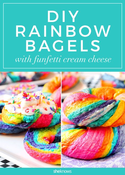 These fairy tale bagels with luscious Funfetti cream cheese always have a happy ending Brunch At Home Ideas, Rainbow Bagel Recipe, Funfetti Cream Cheese, Rainbow Bagels, Rainbow Bread, Brunch At Home, Rainbow Desserts, Healthy Party Food, Vegan Cheesecake