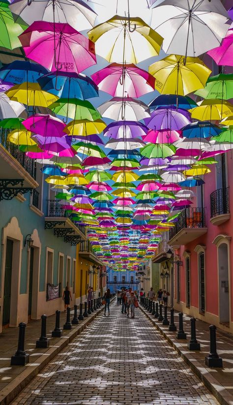 Pictures Of Puerto Rico, Puerto Rican Restaurant Design, San Juan Puerto Rico Aesthetic, Puerto Rico Aesthetic, Viejo San Juan Puerto Rico, Puerto Rico San Juan, Puerto Rico Island, Umbrella Street, Puerto Rico Pictures