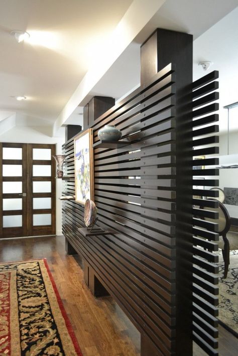 Top 45 Modern Partition Wall Ideas - Engineering Discoveries Modern Partition, Modern Partition Walls, Wood Room Divider, Divider Design, Wood Slat Wall, Living Room Partition, Living Room Partition Design, Room Partition Designs, Space Room