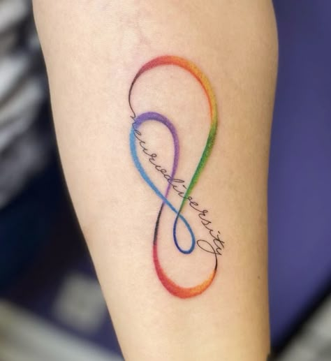 Rainbow Infinity Symbol Tattoo, Infinity Rainbow Tattoo, Asd Tattoo Ideas, Neurodivergent Tattoo Ideas, Neurodiversity Tattoo Ideas, Spectrum Tattoo, Neurodivergent Tattoo, Infinity Tattoo Ideas, Divergent Tattoo