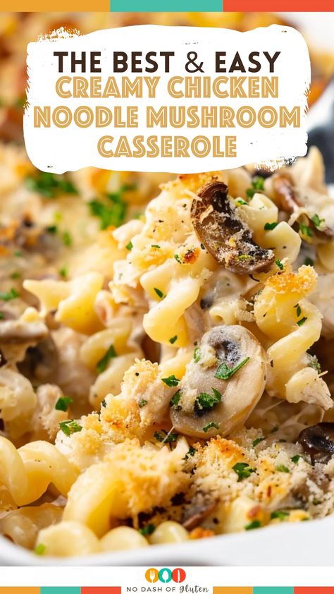 This Creamy Chicken Noodle Mushroom Casserole is the ultimate comfort food! Loaded with tender chicken, earthy mushrooms, and a velvety, cheesy sauce, it’s sure to be a hit with the whole family. Ready in just under an hour, it’s a quick, satisfying weeknight meal. Don’t forget to pin this recipe and give it a try tonight! Chicken Casserole With Mushroom Soup, Cream Of Mushroom Noodle Recipes, Chicken Mushroom Noodle Casserole, Chicken Mushroom Casserole Recipes, Shredded Chicken And Mushroom Recipes, Mushroom Noodle Casserole, Chicken And Mushroom Recipes, Chicken And Mushroom Casserole, Shredded Chicken Casserole