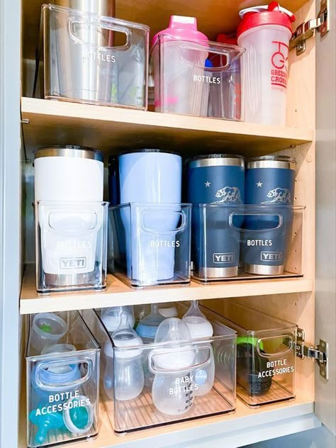 9+ Smart Ways On How To Organize Water Bottles In Kitchen - From Lemons To Luxury Baby Station In Kitchen, Baby Bottle Organization Kitchen, Baby Kitchen Organization, Organize Water Bottles, Food Organisation, Bathroom Organisers, Bottle Station, Pantry Bins, Baby Bottle Organization