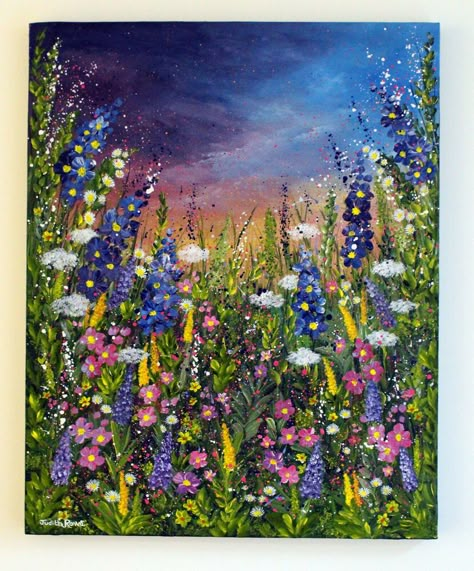 Original 20 x 16" Contemporary Flower Painting "Sapphire Meadow" by Judith Rowe Garden Art Painting, Colorful Flower Painting, Wild Flower Acrylic Painting, Meadow Painting, Large Canvas Painting Ideas Acrylics, Painting Wild Flowers Acrylic, Wildflower Painting, Wildflower Field Painting, Wildflower Field Painting Easy