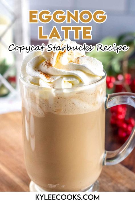 An image of eggnog latte in a glass Iced Eggnog Latte, Egg Nog Latte Recipe, Egg Nog Coffee, Egg Nog Latte, Almond Milk Egg Nog, Eggnog Latte Recipe, Cold Brew Recipes, Eggnog Coffee, Alcoholic Eggnog