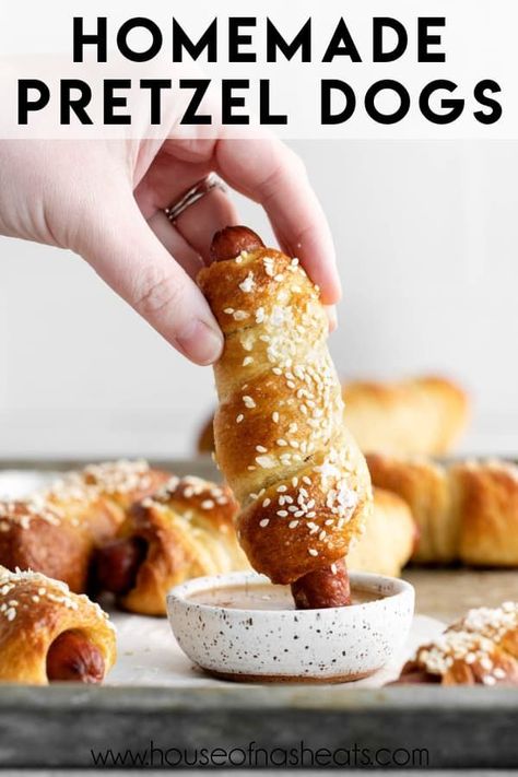 These Homemade Pretzel Dogs have a soft and chewy pretzel layer wrapped around classic hot dogs– serve these with ketchup for a kid-friendly lunch or a spicy honey mustard for the perfect game-day treat! | game day pretzel dogs | game day party food | game day food for kids | game day food kids | pretzel dogs recipe | pretzel dogs easy | pretzel dogs recipe easy Pretzel Dogs Easy, Homemade Hotdogs, Homemade Pretzel Dogs, Pretzel Dogs Recipe, Spicy Honey Mustard, Homemade Pretzel, Pretzel Dogs, Snack Dinner, Food Game