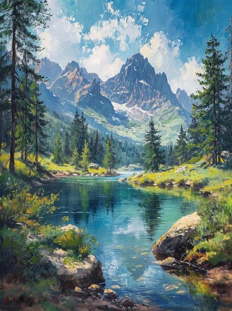 Acrylic Painting Canvas Scenery, Famous Landscapes, Nature Landscape Painting, Beautiful Paintings Of Nature, Mountain Scape, Beautiful Landscape Paintings, Arte Doodle, Mountain Landscape Painting, Mountain Drawing