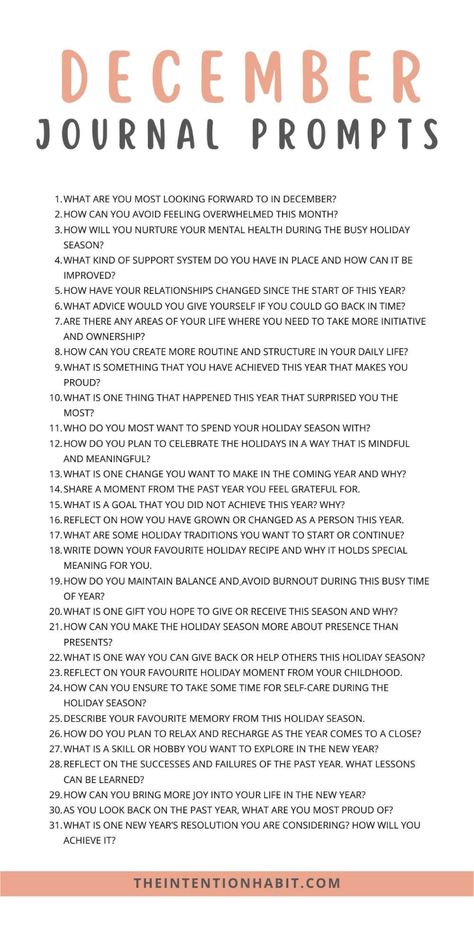 These December journal prompts will help you reflect on the year through your daily journal habit. As we transition into December, this collection of journal prompts is crafted to inspire your journaling journey and maintain the momentum of your journaling practice, serving up a fresh dose of inspiration every day. December writing prompts. Writing prompts for December. Journal prompts for December daily journaling. December Prompts 2023, December Journal Ideas Writing Prompts, December Writing Challenge, Journal Prompts For December, Christmas Journal Ideas Writing Prompts, Holiday Journal Prompts, December Daily Prompts, Journal Prompts December, New Year Prompts