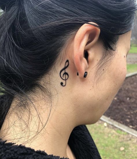 Behind The Ear Tattoo Ideas Music, Treble Clef Tattoo Behind Ear, Music Symbol Tattoo, Treble Clef Tattoo, Behind Ear Tattoos, Pretty Tips, Music Note Tattoo, Ear Tattoos, Henna Ideas