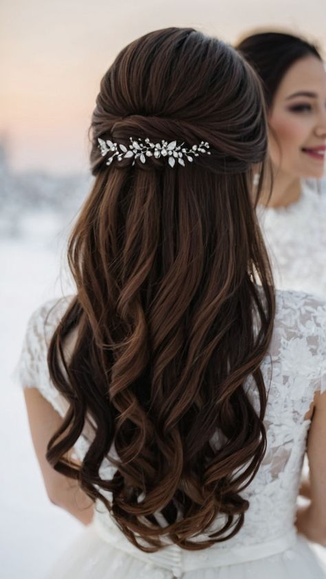 Discover gorgeous winter bridal hairstyles for long straight short hair and everything in between From half up half down styles to elegant crown braids and the latest bun trends find the perfect wedding look for your special day Complete your ensemble with a stunning veil to add the finishing touch Wedding Half Up Hair With Veil, Simple Hairstyles For Long Hair Wedding, Wedding Hair Dark Brown, Straight Hair Wedding Styles, Bridal Half Up Half Down Hair, Brunette Wedding Hairstyles, 13 Hairstyles, Hairstyles For Winter, Straight Short Hair