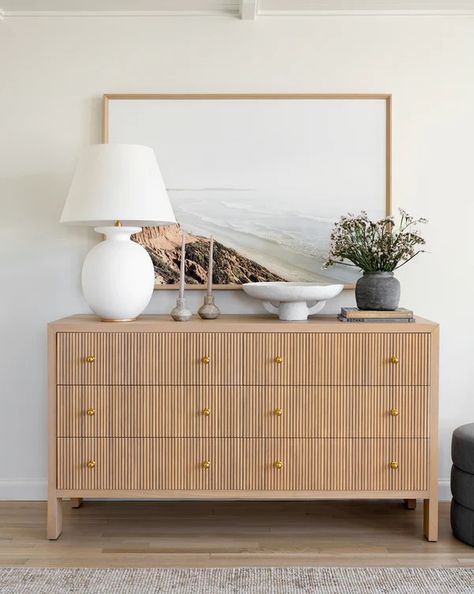 Dressers Both Small and Large For Your Rooms - McGee & Co. Large White Dresser, Minimalist Dresser Styling, Fluted Wood Dresser, Organic Modern Dresser Decor, Decorated Dresser Top, White Dresser Styling, Master Bedrooms Decor Dressers, Neutral Dresser Decor, Neutral Bedroom Dressers