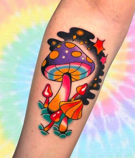 23 Mushroom Tattoos for Everyone in 2021 - Small Tattoos & Ideas Colourful Mushroom Tattoo, Mushroom Tattoos Color, New School Mushroom Tattoo, Rainbow Mushroom Tattoo, Purple Mushroom Tattoo, Phycadelic Mushroom Tattoo, Coloured Tattoo Ideas, Colored Mushroom Tattoo, Drippy Mushroom Tattoo