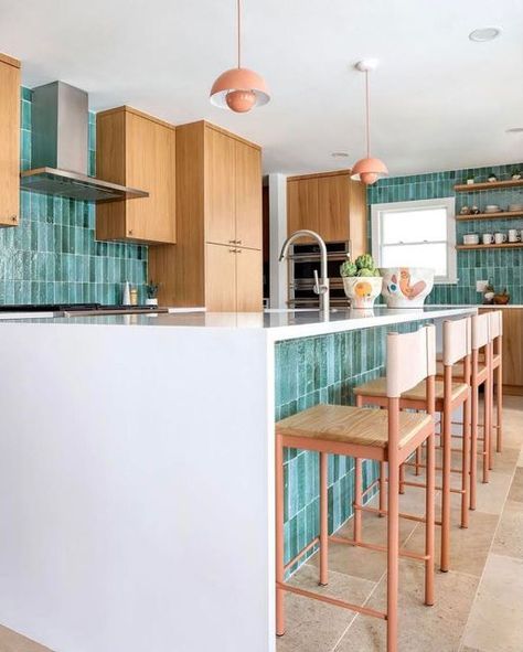 Kitchens of Instagram on Instagram: "Are you ready for a 🤩 transformation? Swipe to see what this kitchen looked like before @iceinteriordesign worked her magic on it. Featuring some of our favorite @clayimports handmade glazed terra-cotta tile 🌊 in stock now and ready to ship! #ci_glazedterracottalightgreen Photo by @cateblackphoto #remodel #remodeling #reno #renovation #renovations #homereno #homerenovation #homerenovations #beforeandafter #fliporflop #fixerupper #flippinghomes #flippingh Tiling Under Kitchen Island, Tiled Island Base, Tiled Kitchen Island Base, Tiled Kitchen Island, Palm Springs Kitchen, Kitchen Island Base, Bar Backsplash, Patio Floors, Gloss Texture