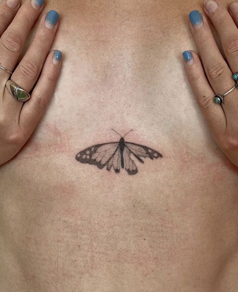 Queer Art Tattoo, By Your Side Tattoo, Small Symmetrical Tattoo, Wierd Tattoo, Symetric Tattoo Ideas, Butterfly Chest Tattoo, Radiohead Tattoo, Earthy Tattoos, 16 Tattoo