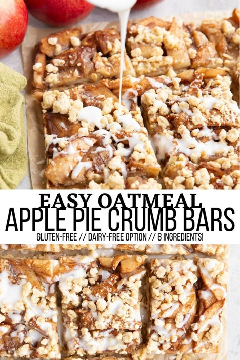 Gluten-Free Oatmeal Apple Pie Crumb Bars with buttery shortbread crust, apple cinnamon filling and a delicious crumble topping. This simple recipe is so easy to prepare and requires just eight ingredients and no baking experience. Recipe includes a dairy-free option #glutenfree #applepie #bars #healthy #dessert #apples Oatmeal Apple Pie, Apple Crumb Bars, Sugar Free Apple Pie, Quick Apple Dessert, Apple Pie Bars Recipe, Apple Crumble Bars, Oatmeal Apple, Apple Pie Oatmeal, Gluten Free Dairy Free Dessert