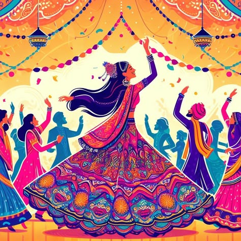 Create a vibrant and lively vector illustration capturing the essence of Navratri celebrations, with a focus on people joyfully dancing the traditional garba dance in traditional attire. Showcase the energy and colors of this cultural festival, with intricate patterns, lively music, and a sense of unity among the participants. Your illustration should convey the spirit and enthusiasm of Navratri while highlighting the beauty of the garba dance."