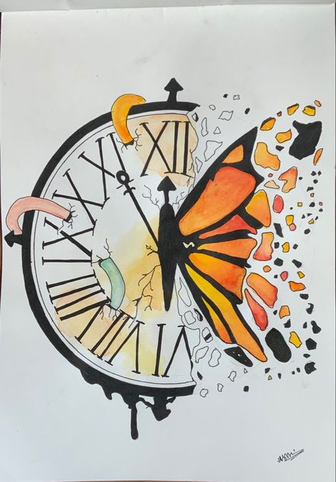 Butterfly Clock, Clock Drawing, Art Butterfly, Clock, Art