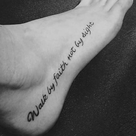 Walk By Faith Not By Sight Tattoo, Faith Foot Tattoos, Hanger Tattoo, Scripture Tattoos, Tattoo Script Fonts, Tiny Tattoos For Women, Rosary Tattoo, Spirit Tattoo, Faith Tattoo