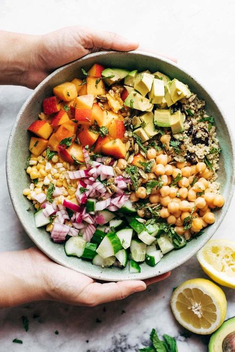 Couscous Summer Salad! Spiced couscous, juicy nectarines, crunchy cucumber, avocado, chickpeas, cherries, sweet corn, and mint. It's sunshine in a bowl! #salad #summer #vegetarian #vegan #recipe #healthy | pinchofyum.com Salad Summer, Couscous Salat, Resep Salad, Cucumber Avocado, Salad Pasta, Summer Salad Recipes, Summer Salad, Sweet Corn, Healthy Vegetarian