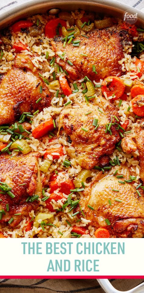 Recipe of the Day: The Best Chicken and Rice 🍛 Could classic chicken and rice be one of the most beloved comfort dinners to ever hit the plate? We think so. And to blow your mind even more, this version is made in just one skillet. Here we use bone-in, skin on chicken thighs which cook up in exactly the same time as the rice to guarantee juicy chicken. A quick broil at the end creates the perfect crispy skin and gives a little crunch to the rice and vegetables. Best Chicken And Rice Recipe, The Best Chicken And Rice, Chicken Thigh And Rice Recipe, Chicken Thighs And Rice, Rice And Vegetables, Chicken And Rice Recipe, Bone In Chicken Thighs, Comfort Dinner, Creamy Chicken And Rice