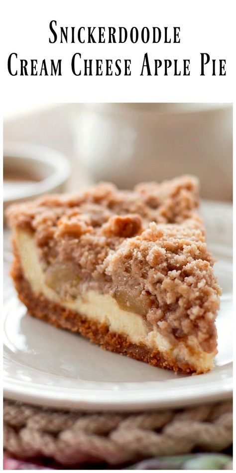 Snickerdoodle Cream Cheese Apple Pie is made with a snickerdoodle cookie crust, a layer of cream cheese, chopped apple pie filling and a snickerdoodle crumb topping. via @https://www.pinterest.com/BunnysWarmOven/bunnys-warm-oven/ Cheese Apple Pie, Apple Pie Cake, Snickerdoodle Cookie, Brownie Desserts, Apples And Cheese, Oreo Dessert, Apple Pie Recipes, Cookie Crust, Crumb Topping