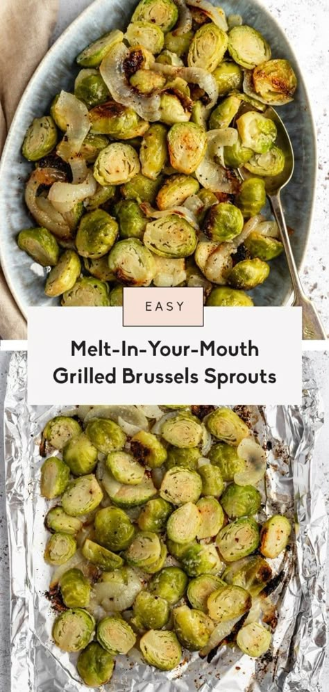 Incredible, melt-in-your-mouth grilled brussels sprouts made in foil packs with just 6 simple ingredients! These easy foil pack grilled brussels sprouts make the perfect plant-based side dish for any summer main. Brussel Sprout Recipes On Grill, Grilled Brussel Sprout Recipes In Foil, Grilled Brussel Sprouts In Foil, Brussels Sprouts On Grill, Grilled Brussels Sprouts, Brussel Sprout Recipes Grilled, Grilled Brussel Sprout Recipes, Brussel Sprouts On The Grill, Brussel Sprouts Grilled