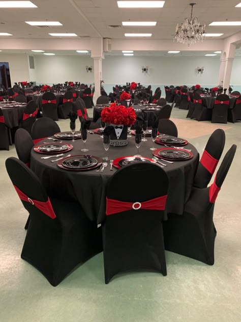 Red N Black Quince Dress, Wedding Decorations Black And Red, Red And Black Masquerade Quince, Red And Black Banquet Decor, Quince Venue Ideas Red And Black, Quinceanera Recuerdos Ideas Mexican, Red And Black 15 Party, Red And Black Xv Dresses, Black N Red Wedding Ideas