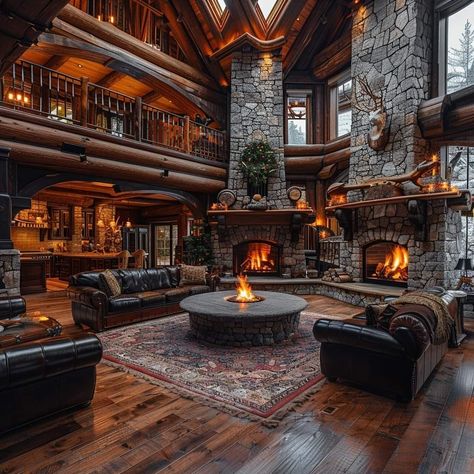 Log Cabin Mansions Interior, Canadian Log Homes, Inside Big House, Cozy Mansion Interior, Rustic Mansion Interior, Cabin Mansion Interior, House With Library, Luxury Cabin Homes, Fantasy Home Interior