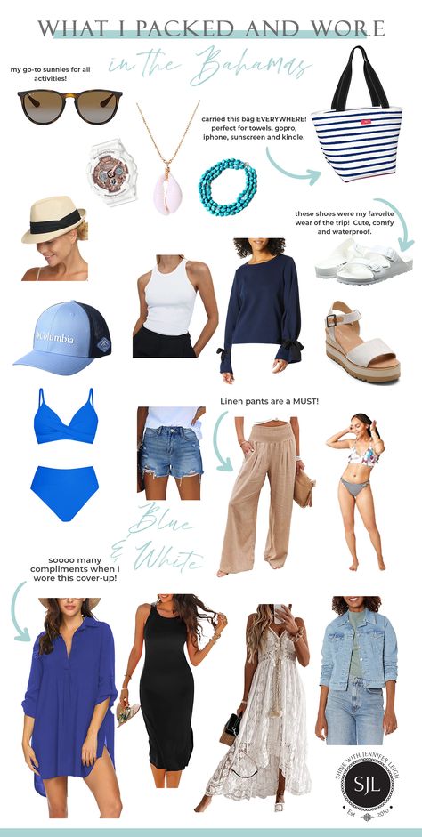 Bahamas Packing List Blue and White Outfits Carribean Cruise Capsule Wardrobe, 2024 Cruise Outfits, All Inclusive Resort Outfits, Cruise Dinner Outfit, Caribbean Packing List, Bahamas Packing List, Carribean Cruise Outfits, Travel Capsule Wardrobe Spring, Caribbean Vacation Outfit