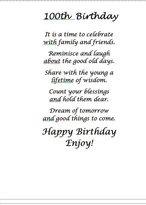 Poem 100th Birthday Quotes, 100 Year Old Birthday Card Ideas, 100 Years Celebration, Birthday Wishes For Mother, Birthday Verses For Cards, 100th Birthday Card, Birthday Wishes Gif, Happy 100th Birthday, Birthday Verses