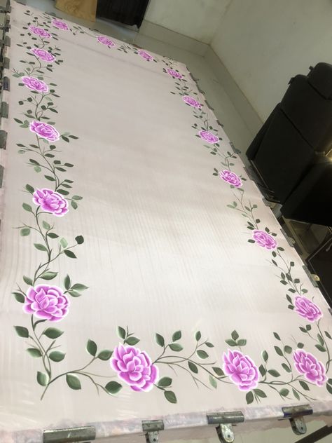 Table Cloth Design Drawing, Table Cloth Painting Design, Bedsheet Painting, Paint Suit Design For Women, Handpainted Suits, Blouse Painting, Dupatta Painting, Mekhela Chador, Bed Sheet Painting Design