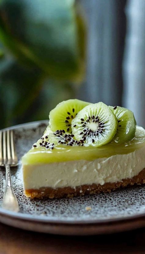 This kiwi cheesecake is a refreshing and tangy dessert perfect for fall and winter gatherings. With a smooth cheesecake base and fresh, juicy kiwi topping, it’s a delightful treat that adds a tropical twist to your dessert menu. Kiwi Cheesecake Recipes, Kiwi Tart, Kiwi Cheesecake, Kiwi Pie, Smooth Cheesecake, Cheesecake Base, Fruit Topping, Recipes Cheesecake, Kiwi Recipes