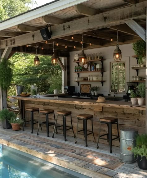 Backyard Party Bar Ideas, Backyard Bar Party, Outdoor Bar Patio Ideas, Outdoor Bar By Pool, Pergola With Bar Ideas, Outdoor Patio With Bar, Poolside Patio Ideas, Pool Bar Ideas Backyard, Bar By Pool