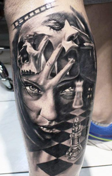 Realism Face Tattoo by Proki Tattoo | Tattoo No. 10932 Chess Tattoo, Tatoo 3d, Best Leg Tattoos, Maori Tattoos, Sick Tattoo, Omerta Tattoo, Leg Tattoo Men, Tattoo Artwork, 3d Tattoos