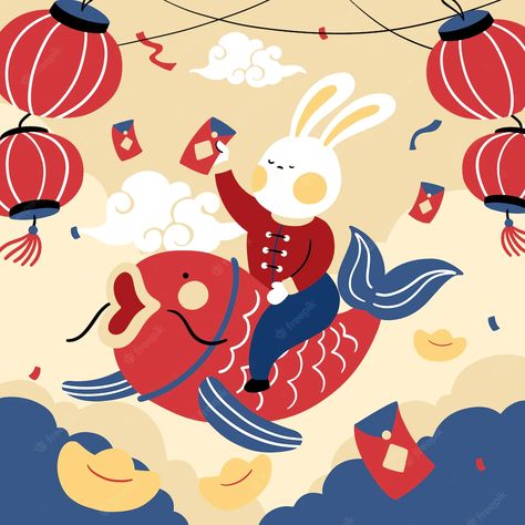 Chinese New Year Cute Illustration, Lunar New Year Illustration 2024, Happy Lunar New Year 2024 Design, Celebration Color Palette, Chinese Illustration Art, Tet Illustration, Cny Illustration, Lunar New Year Illustration, Chinese New Year Graphic