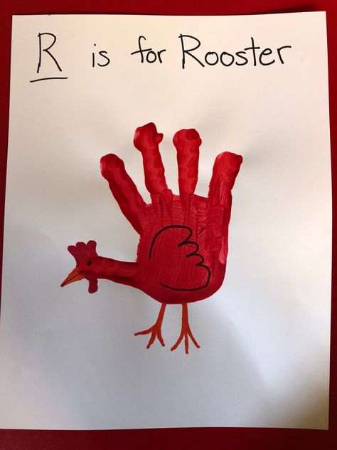 R—Rooster Handprint Rooster Handprint Craft, Farm Animals Handprint Craft, Farm Animal Crafts Handprint, Hand Print Chicken Craft, Farm Animal Art For Infants, Handprint Farm Animals, Farm Craft For Toddlers, Art Toddlers, Farm Animals For Kids