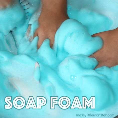 How to make Fluffy Soap Foam for Sensory Play - Messy Little Monster Play Foam Recipe, Sensory Foam Recipe, Ocean Soap Foam, Bubble Foam Sensory Bin, Soap Foam Recipe, Messy Play Recipes, Soapy Sea Foam Sensory Play, Bubble Foam Recipe, Foam Soap Recipe