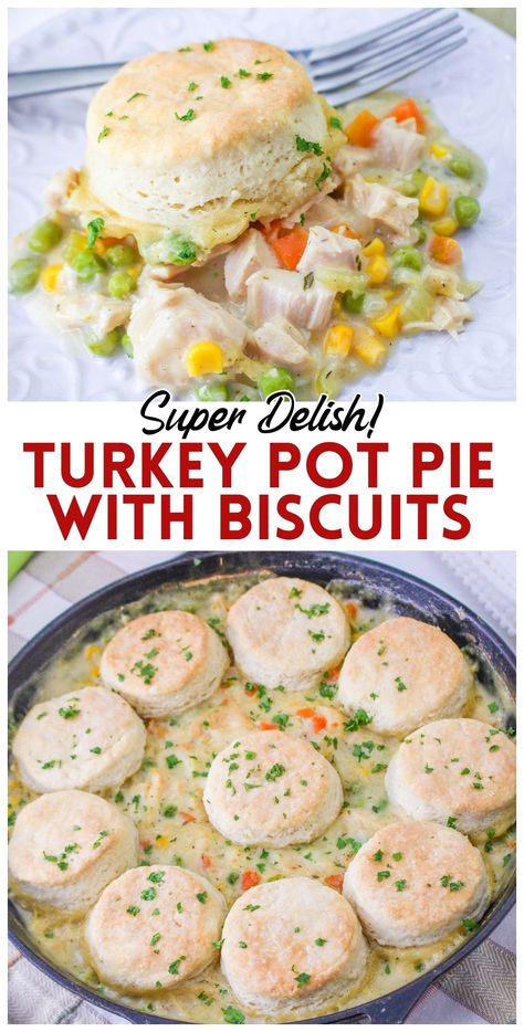 These turkey pot pie is perfect for leftover Thanksgiving turkey!  The perfect day after Thanksgiving dinner. Turkey Gravy Over Biscuits, Turkey And Biscuits Recipe, Turkey Potpie Recipe, Turkey Pot Pie Recipe Easy With Biscuits, Easy Pot Pie Filling, Turkey Leftover Recipes Easy, Pot Pie Easy Recipe, Turkey Pie Recipes, Turkey And Biscuits