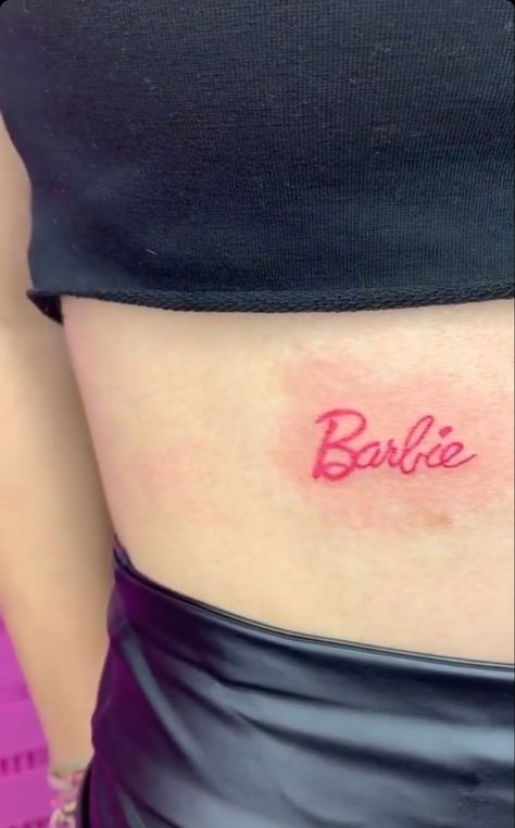 Barbie Logo Tattoo, Pink Ink Tattoos, Pink Tattoo Aesthetic, Pink Ink Tattoo, Barbie Tattoo Ideas, Pink Tattoo Ink, Playboy Tattoo, Tatuaje Trash Polka, Barbie Tattoo